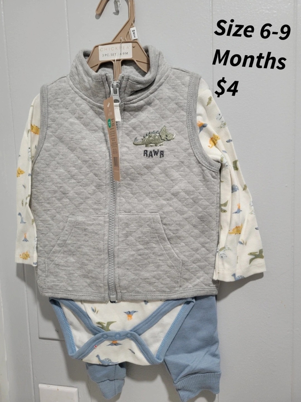 Baby Boys Grey Quilted Vest & Dino 3-Piece Set - Size 6-9M